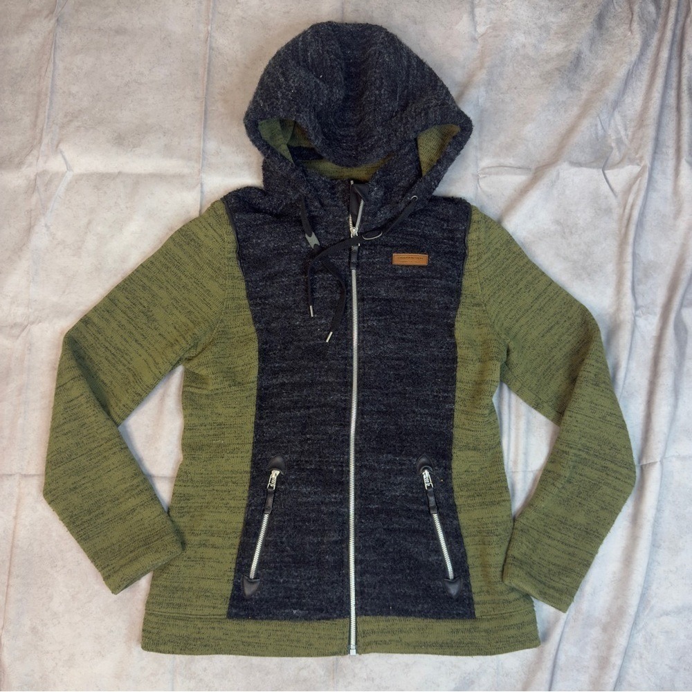 Obermeyer Womens Full Zip Knit Hoodie Size 10 Green Charcoal Colorblock Jacket